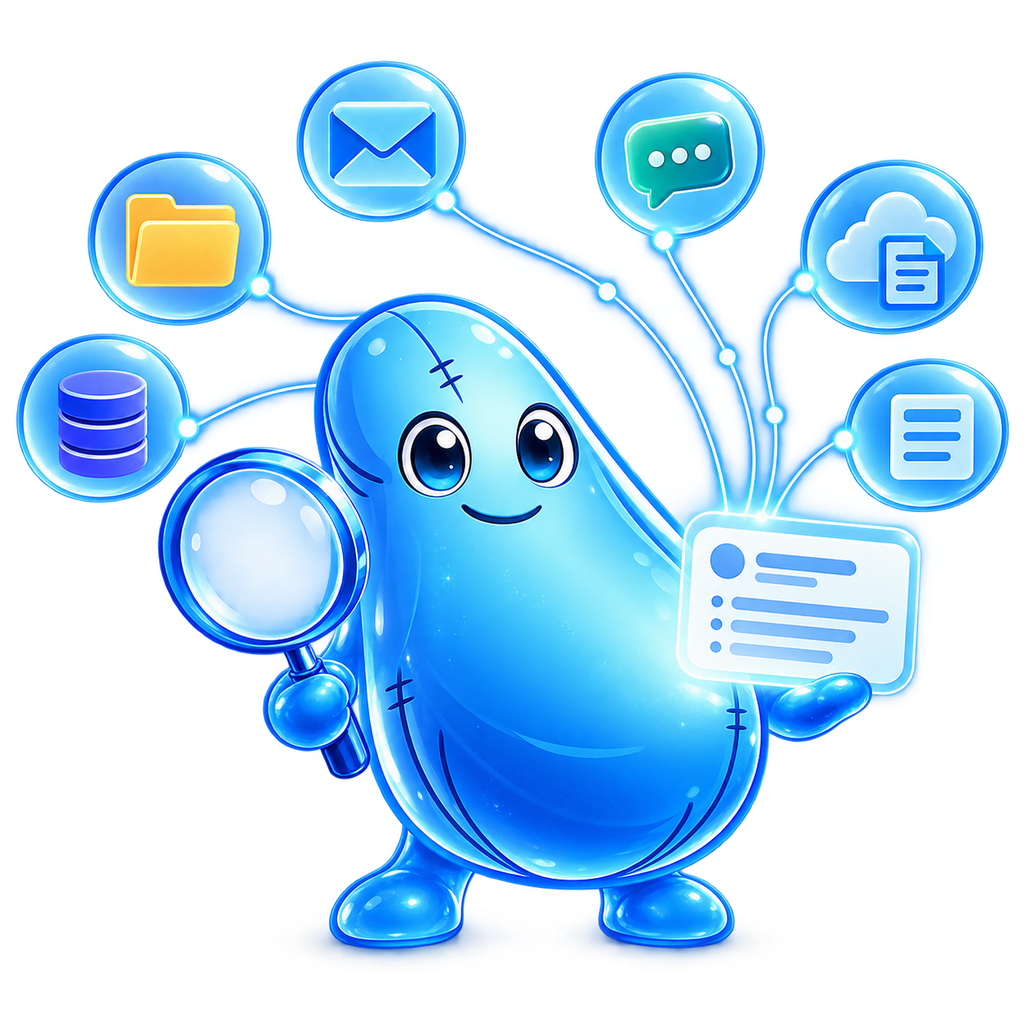 Das Maskottchen searchit AI hält eine Lupe und eine Trefferkarte; ringsum verbunden die Symbole von Datenbank, Ordner, E-Mail, Chat, Cloud-Dokument und Dokument.