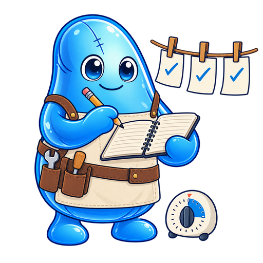 Das Maskottchen searchit AI schreibt in ein Notizbuch, daneben ein Zeitmesser und Zettel an einer Leine.