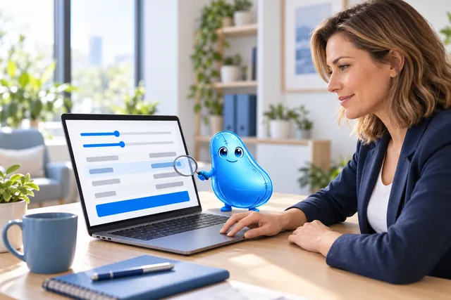 Einkaufsleiterin bedient am Laptop einen Preisrechner; daneben zeigt das Maskottchen searchit AI mit der Lupe auf eine Zeile der Kostenaufstellung. Symbolbild.