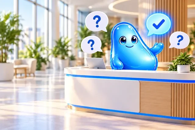 Die blaue Bohne am Auskunftstresen, um sie Sprechblasen mit Fragezeichen, eine davon mit Haken.