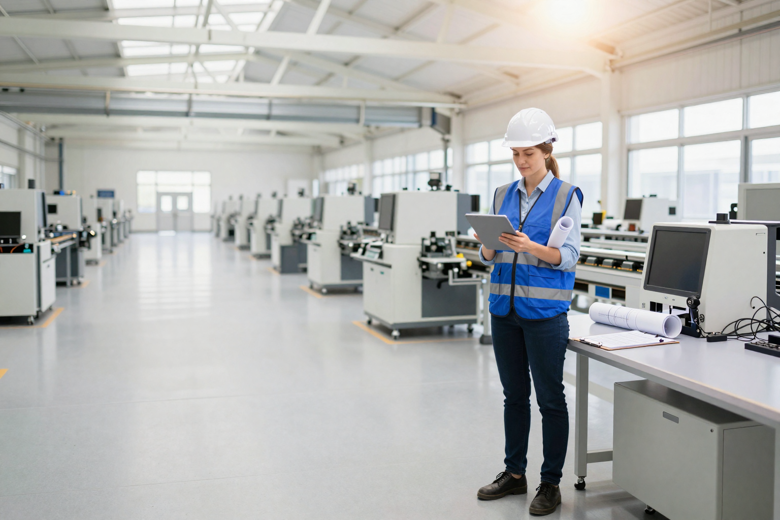 Eine Ingenieurin mit Schutzhelm und blauer Warnweste steht in einer hellen Produktionshalle mit Tablet und Planrollen, auf der Werkbank liegt ein Prüfbericht.