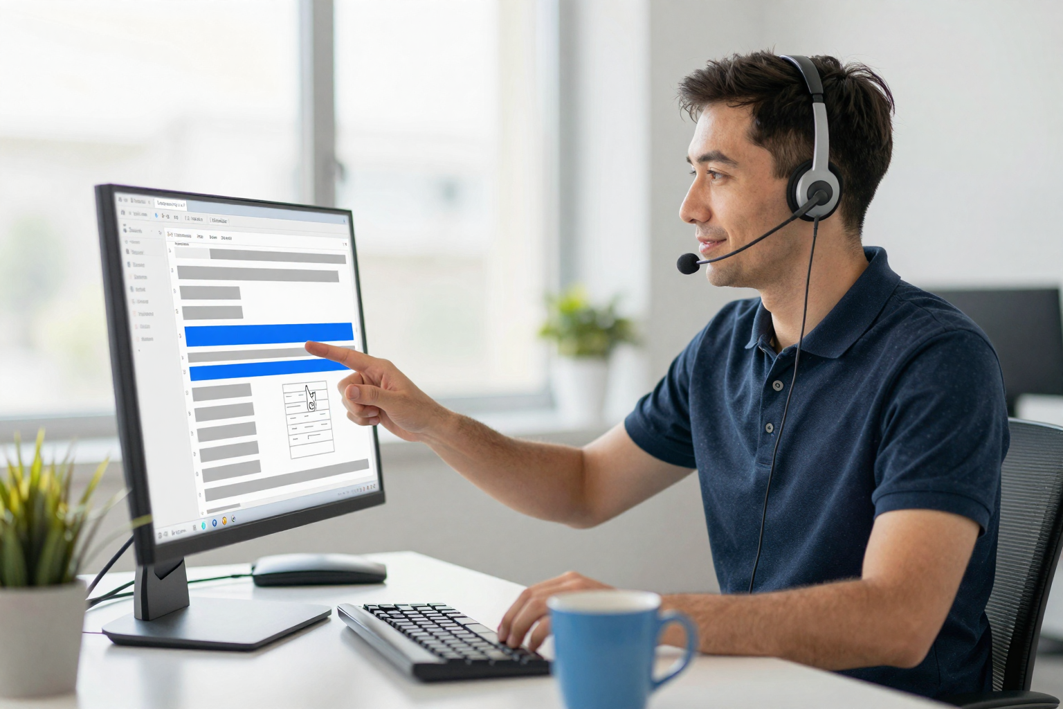 Ein Mitarbeiter im Service-Desk mit Headset spricht mit einem Anrufer und zeigt auf eine markierte Zeile in der Ticketliste auf seinem Bildschirm.