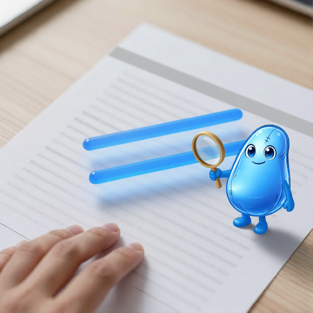 Über einem Dokument auf dem Schreibtisch heben sich zwei Textzeilen als leuchtend blaue Balken ab, daneben prüft das Maskottchen searchit AI sie mit einer Lupe.