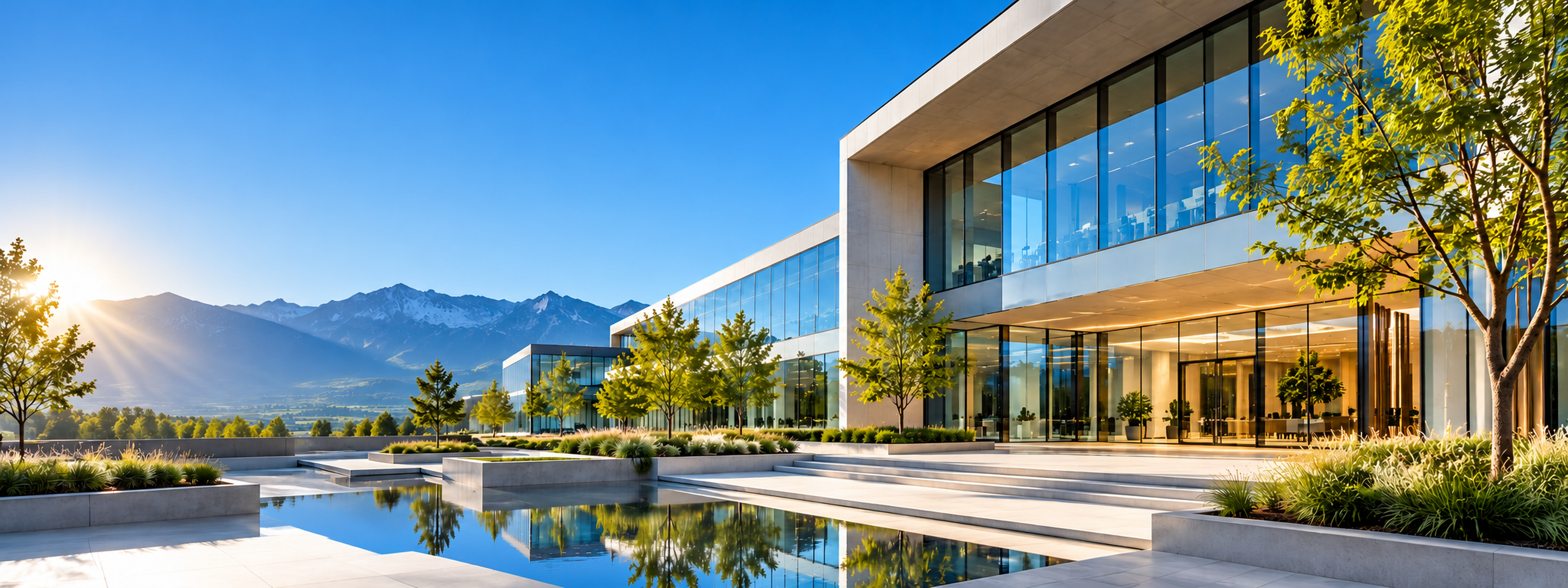 Moderner Campus mit Glasfassade und Wasserbecken im Gegenlicht, dahinter ein Bergpanorama unter blauem Himmel