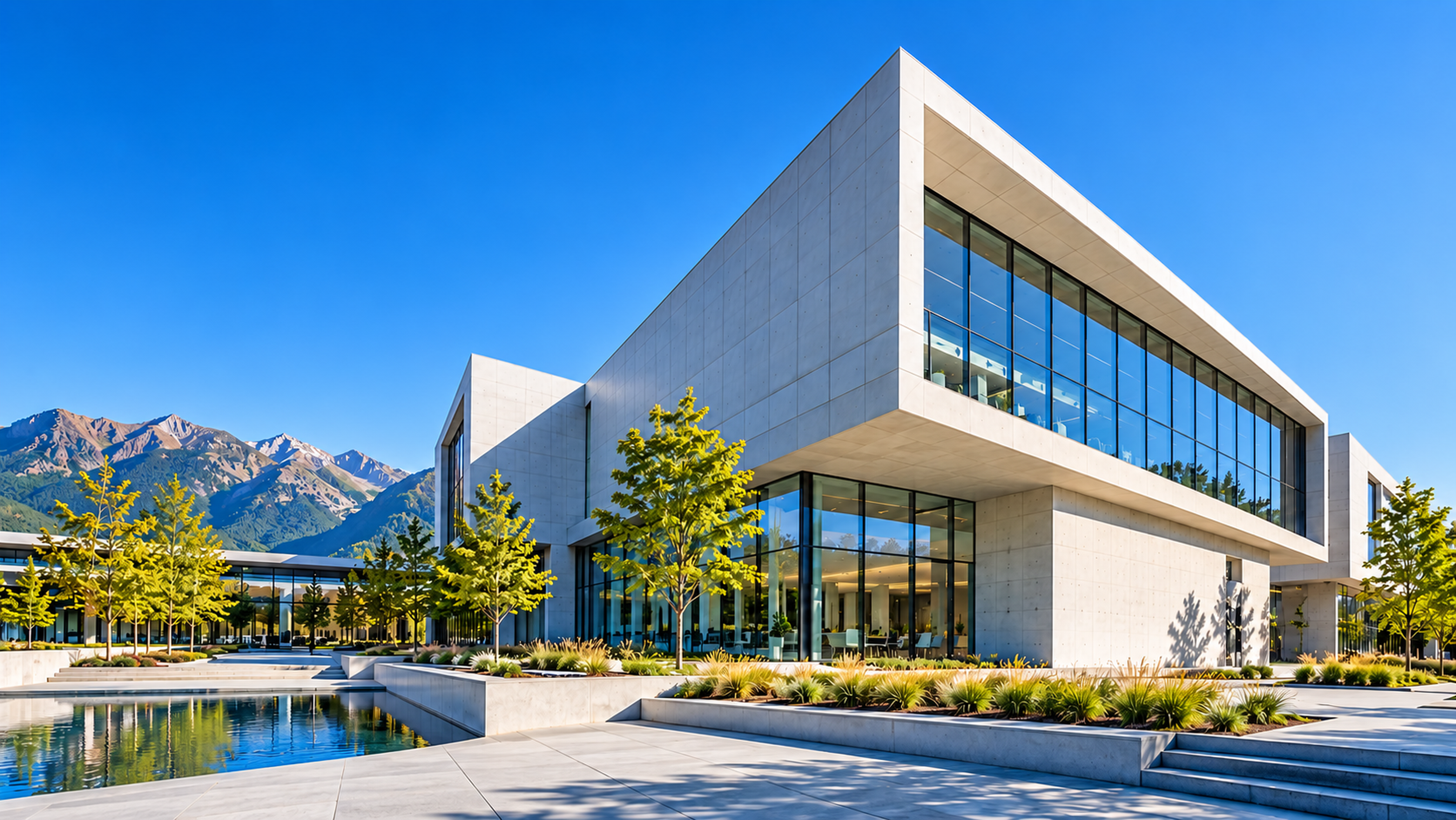 Moderner Campus aus hellem Beton und Glas mit Bäumen und Wasserbecken, dahinter Berge unter blauem Himmel