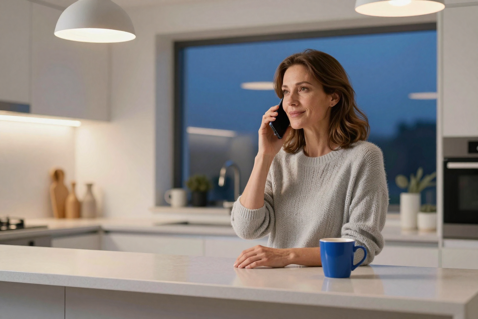 Eine Frau steht abends in einer hellen Küche und telefoniert entspannt mit dem Smartphone, draußen ist es dunkel.