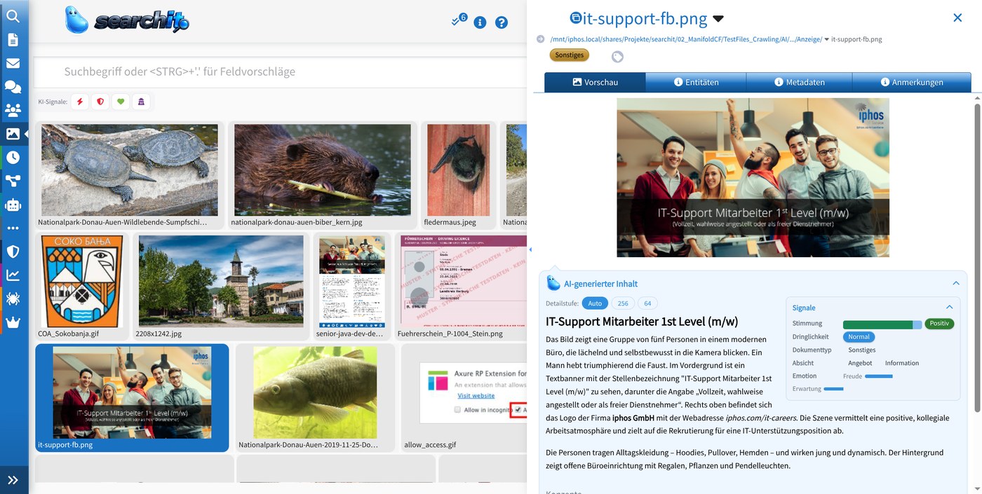 Bildschirmfoto der Bildsuche: links ein Raster aus Vorschaubildern mit Dateinamen, rechts das geöffnete Bild mit der von der KI geschriebenen Bildbeschreibung und dem Kasten „Signale“.