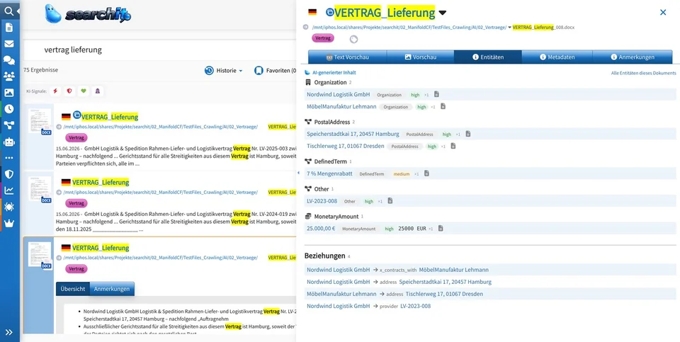 Bildschirmfoto: Trefferliste zur Suche „vertrag lieferung“, rechts die Vorschau eines Liefervertrags mit dem Reiter Entitäten: Organisationen, Anschriften, Rabatt, Vertragsnummer und Betrag, darunter vier Beziehungen.