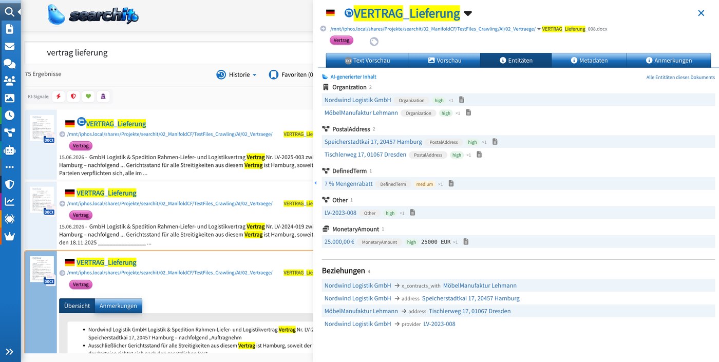 Bildschirmfoto: Trefferliste zur Suche „vertrag lieferung“, rechts die Vorschau eines Liefervertrags mit dem Reiter Entitäten: Organisationen, Anschriften, Rabatt, Vertragsnummer und Betrag, darunter vier Beziehungen.