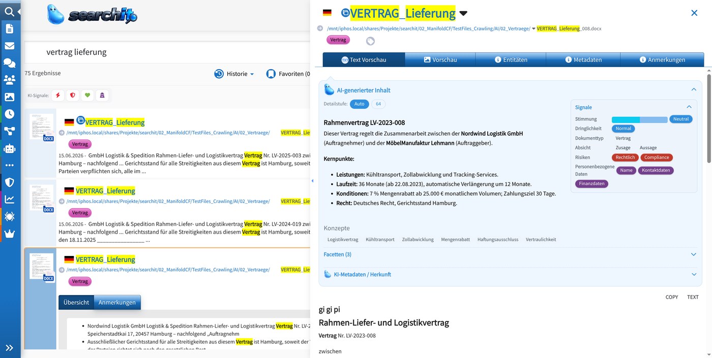 Bildschirmfoto: Vorschau eines Dokuments mit KI-Zusammenfassung, Signalen und erkannten Begriffen.