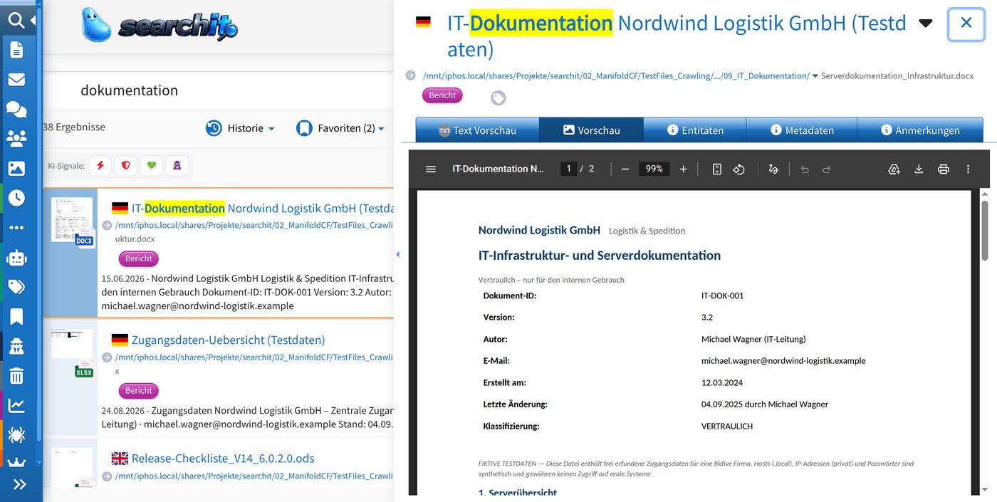 Bildschirmfoto der searchit-Suche: links die Trefferliste zur Suche „dokumentation“ mit gelb markierten Fundstellen, rechts die Vorschau eines Word-Dokuments mit den Reitern Text-Vorschau, Vorschau, Entitäten, Metadaten und Anmerkungen.